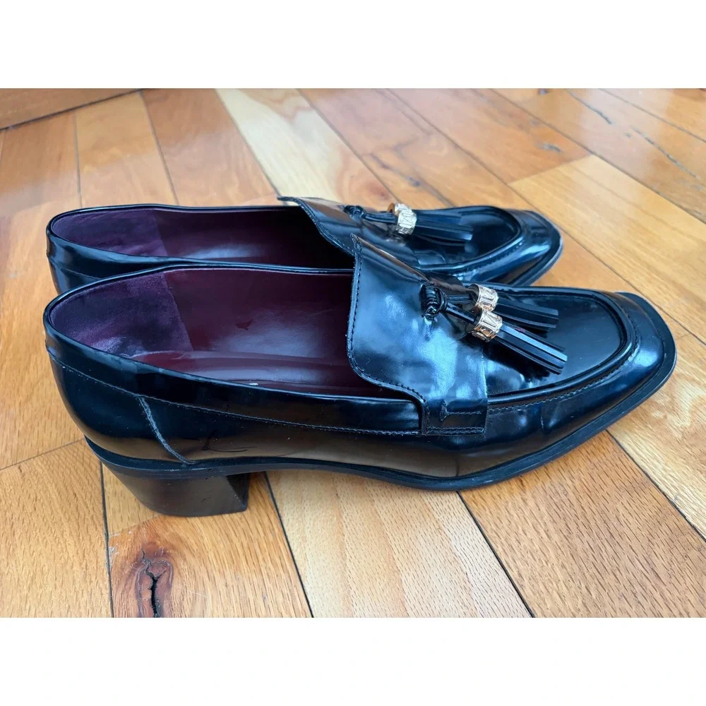 Franco Sarto Womens Donna Heeled Loafers‎ Tassles Black Patent Leather Sz 11M